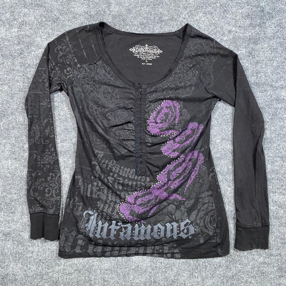 Infamous Black Long Sleeve Henley Shirt Rhinestone Rose Graphic Print Women's L